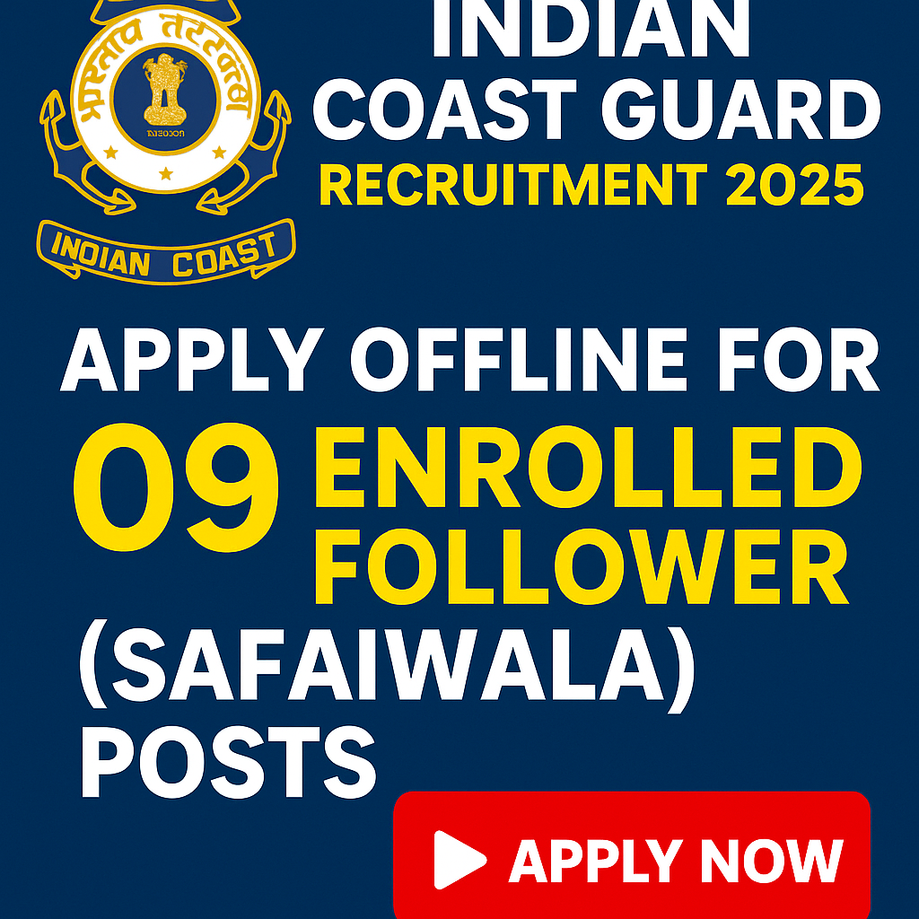 Indian Coast Guard Recruitment 2025: Apply Offline for 09 Enrolled Follower (Safaiwala) Posts